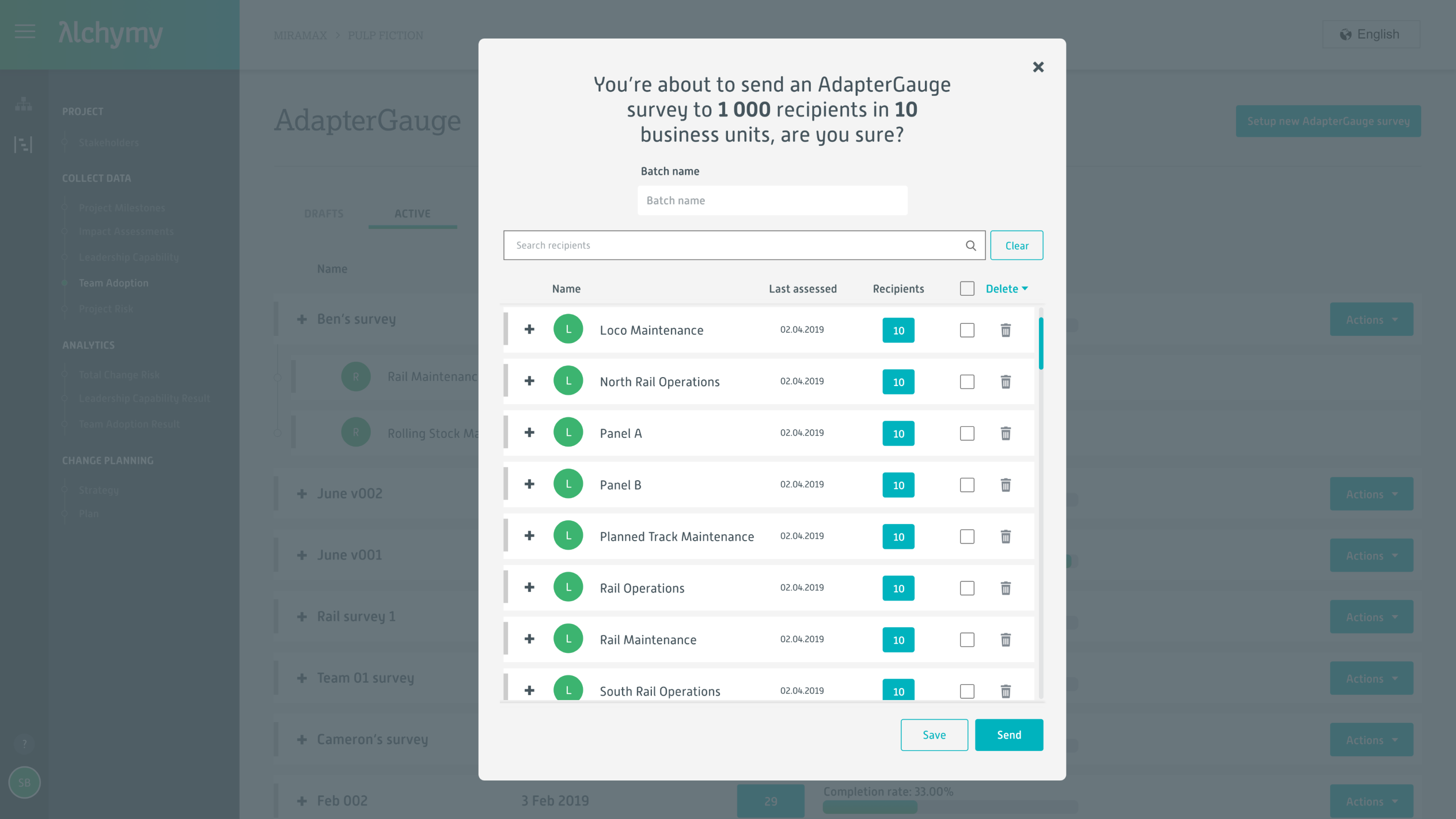 Ability to configure and send team adoption surveys